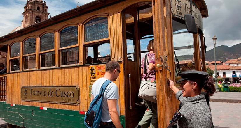 Tourists in the tram of Cusco
