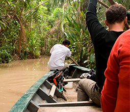 Boat sailing through the lakes of Madre de Dios