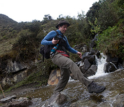 Guide walking on a trunk by the Inca Trail