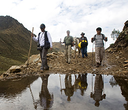 Tourists and guide making trekking on the Inca Trail