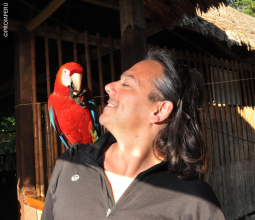 turista interactuando con un guacamayo rojo en madre de dios