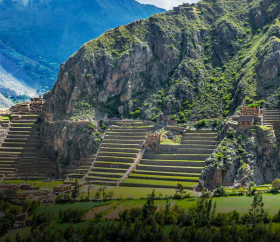  Inka fortress with terraces and temple hill in Ollantaytambo, Cusco, Peru.