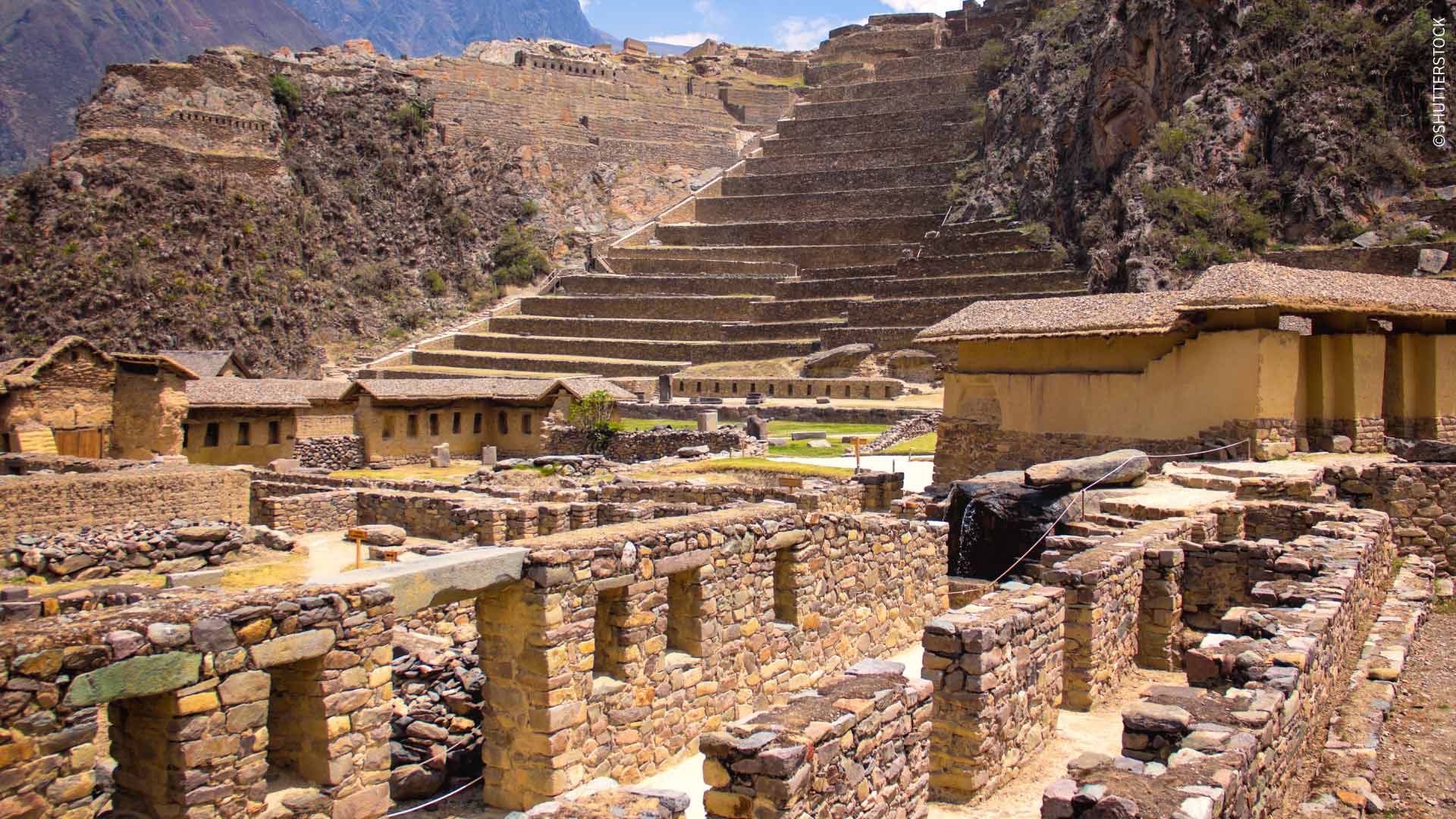 View of the temple architecture in Ollantaytambo, Cusco, Peru.