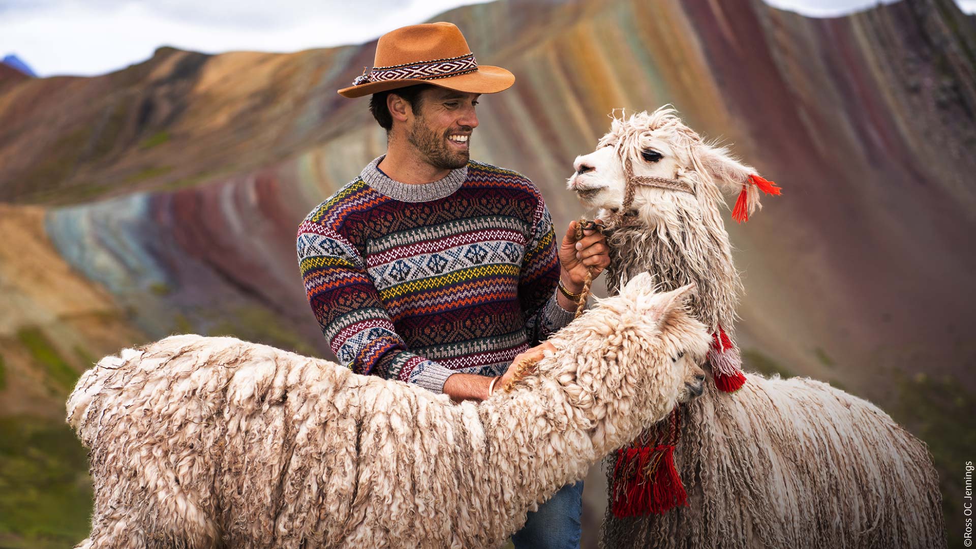 Turista interactuando con alpaca frente a la Montaña Arcoíris de Palccoyo, Cusco