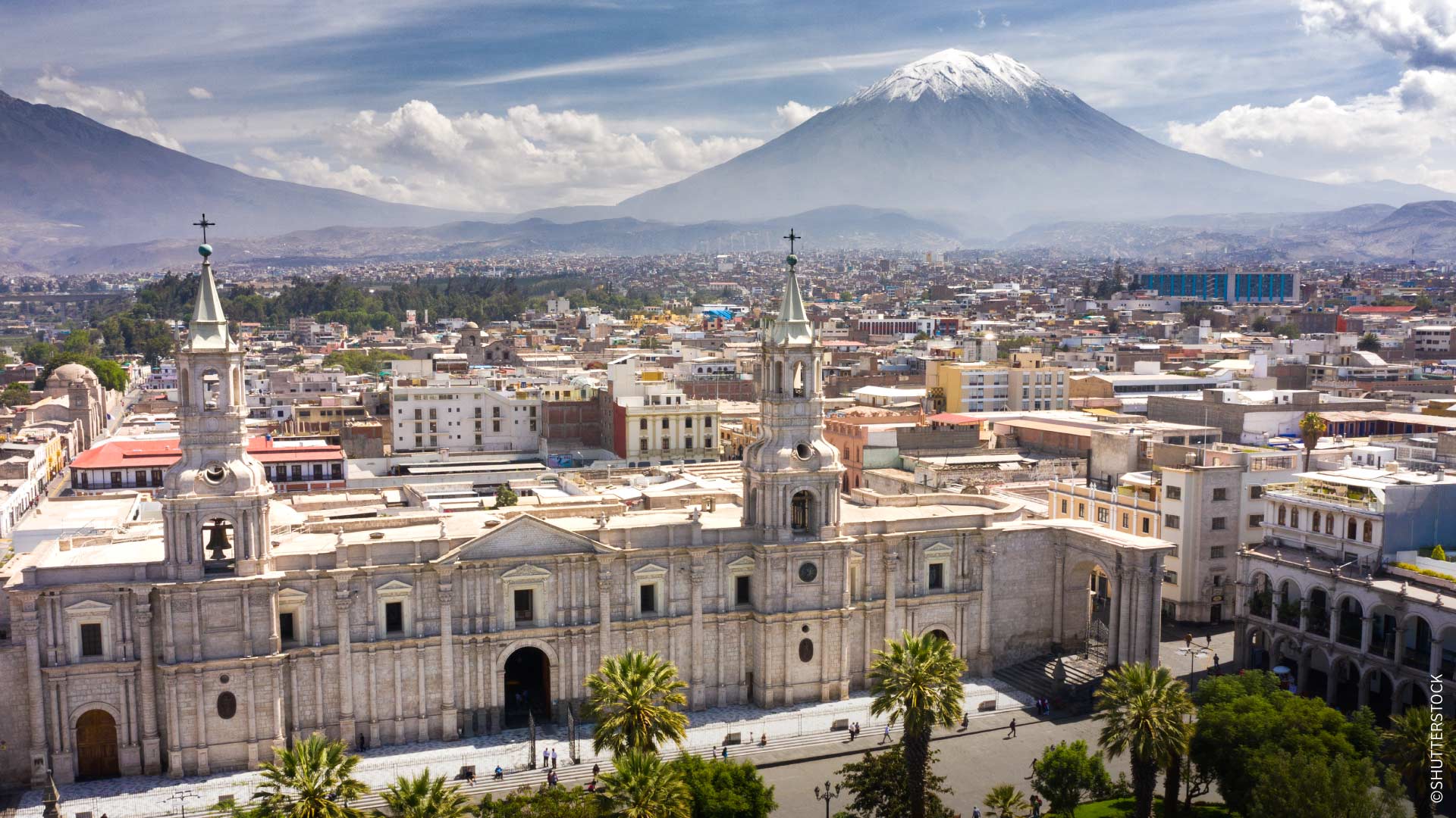 An aerial perspective of Arequipa’s iconic Main Square, Peru.